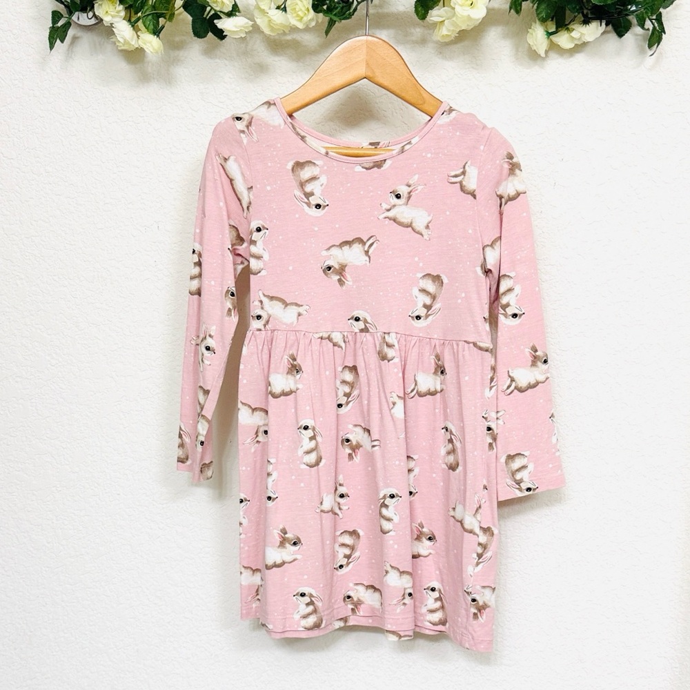 H&M • Light Pink Spring Bunny Long Sleeve Casual Pull On Cotton Twirl Dress